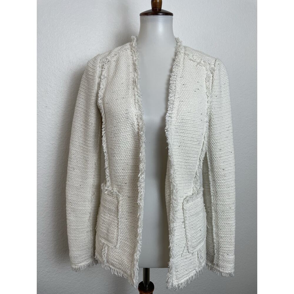 Rebecca Taylor Cream Tweed Fringe Open Blazer